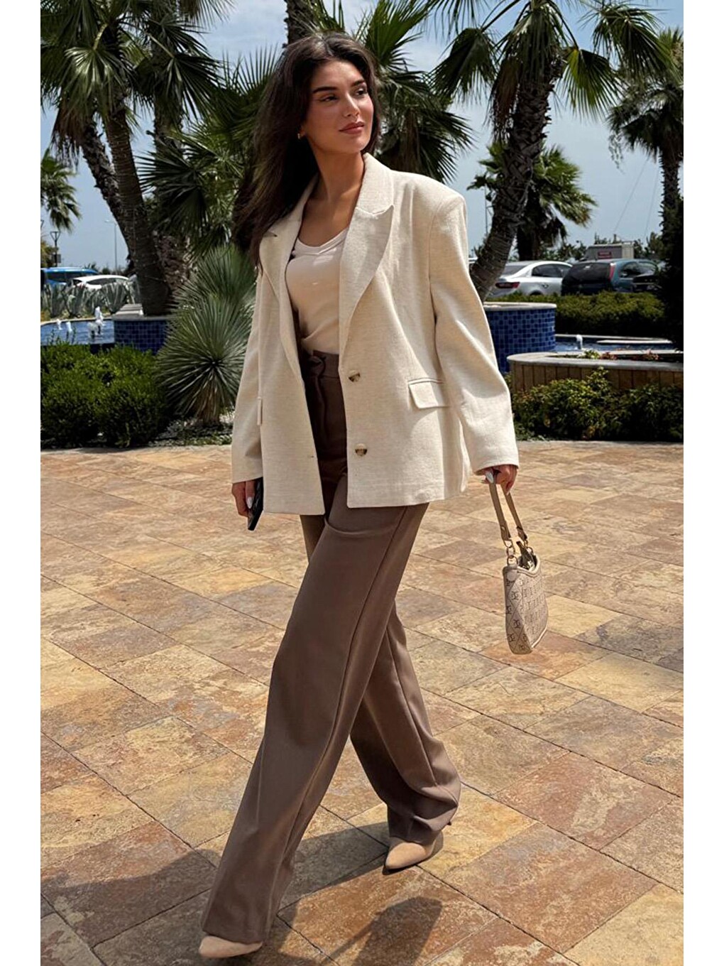 Bej Keten Blazer Kadın Ceket Mg2443-1
