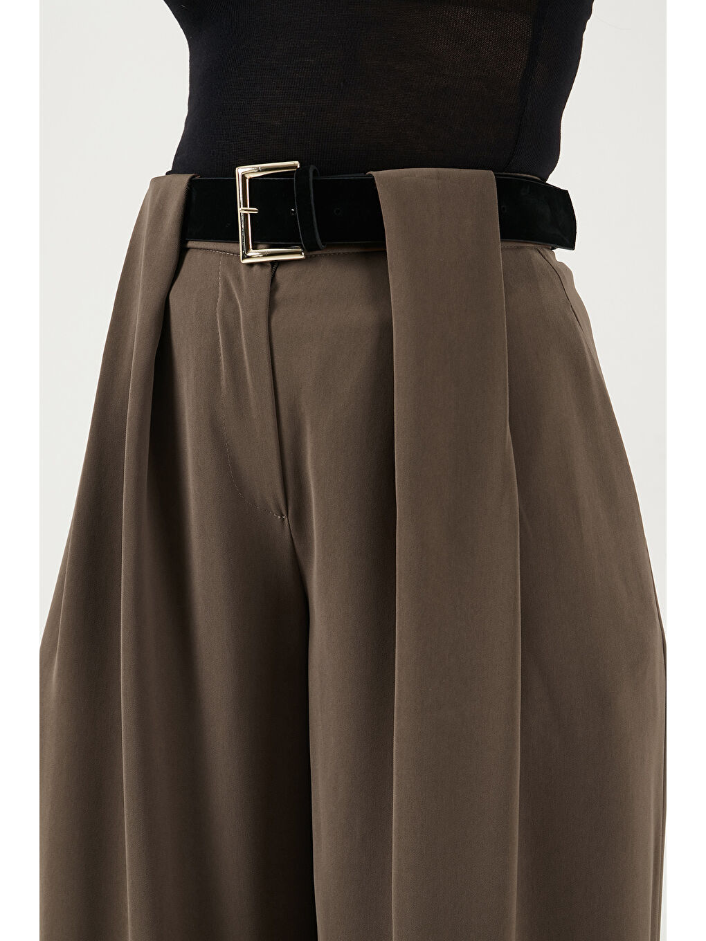 Haki Wide Leg Yüksek Bel Bol Paça Kemer Detaylı Kadın Pantolon 6923855-6