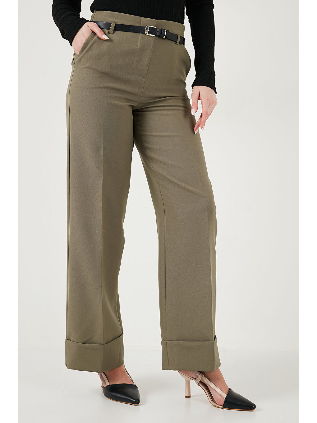 Haki Wide Leg Yüksek Bel Kıvırma Detaylı Bol Paça Kemerli Kadın Pantolon 6923841-5