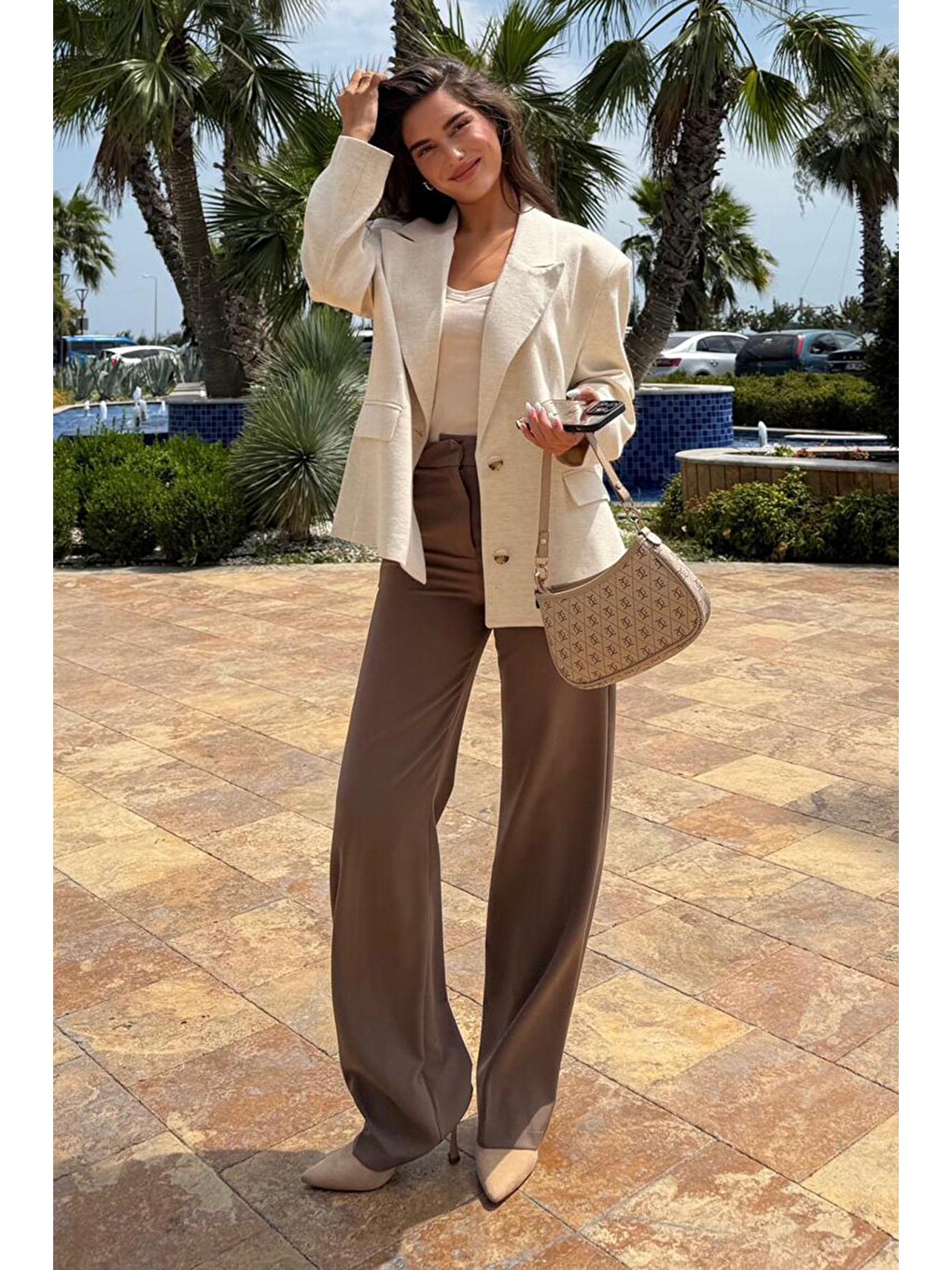Bej Keten Blazer Kadın Ceket Mg2443-3