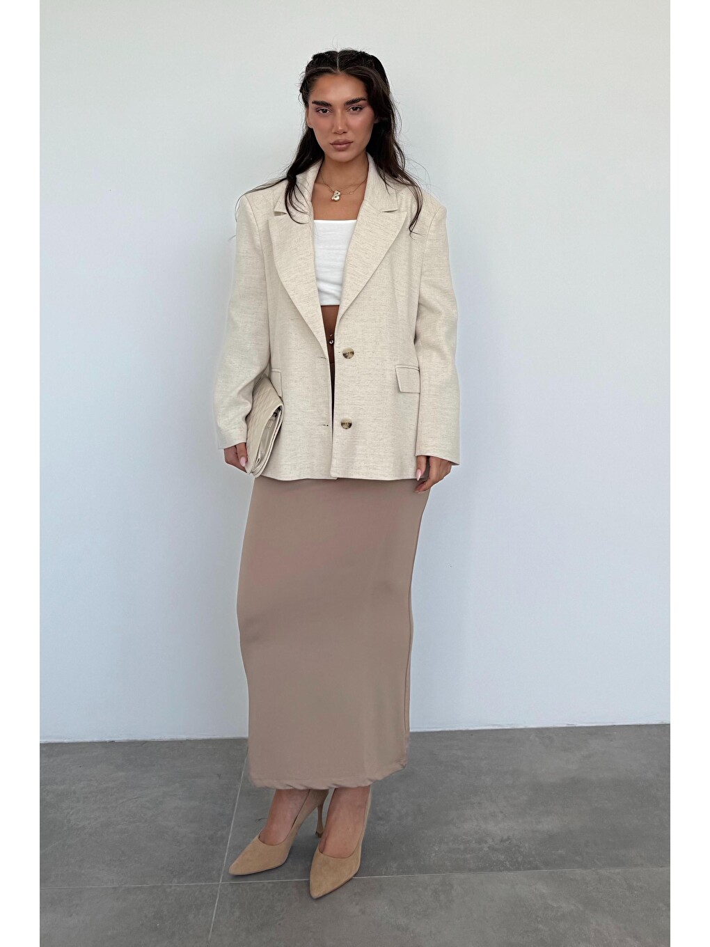 Bej Keten Blazer Kadın Ceket Mg2443-4