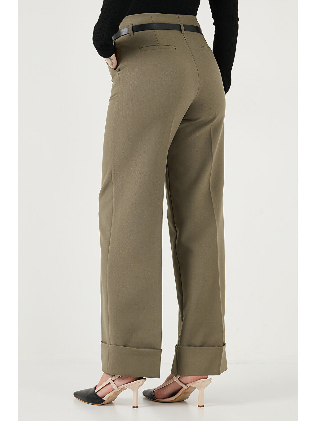 Haki Wide Leg Yüksek Bel Kıvırma Detaylı Bol Paça Kemerli Kadın Pantolon 6923841-6