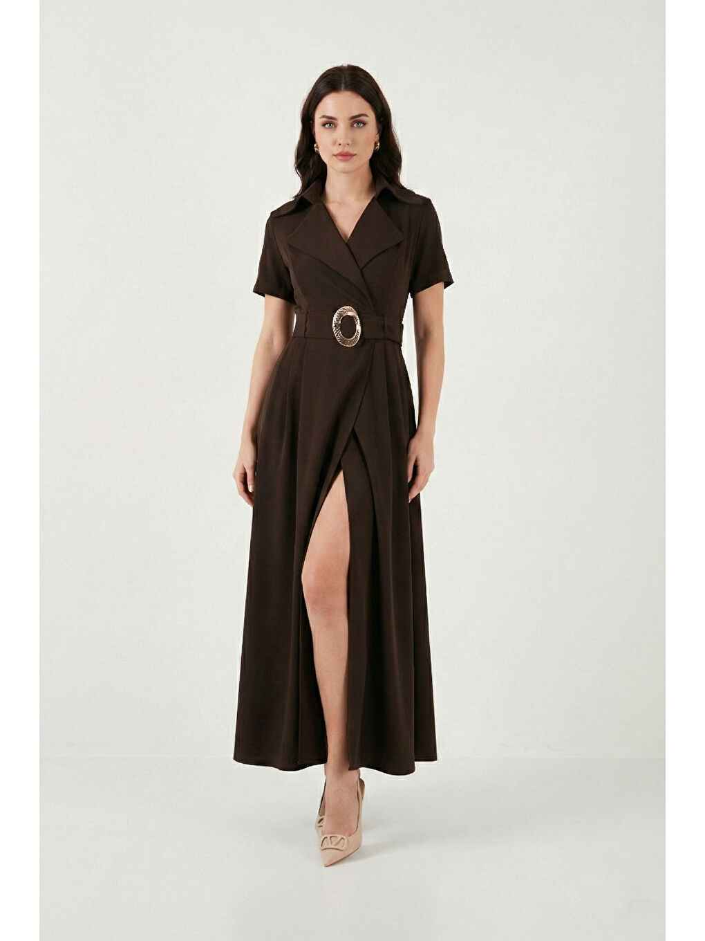 Kahverengi Regular Fit Kruvaze Yaka Tokalı Kemer Detaylı Kadın Elbise 6922332-3