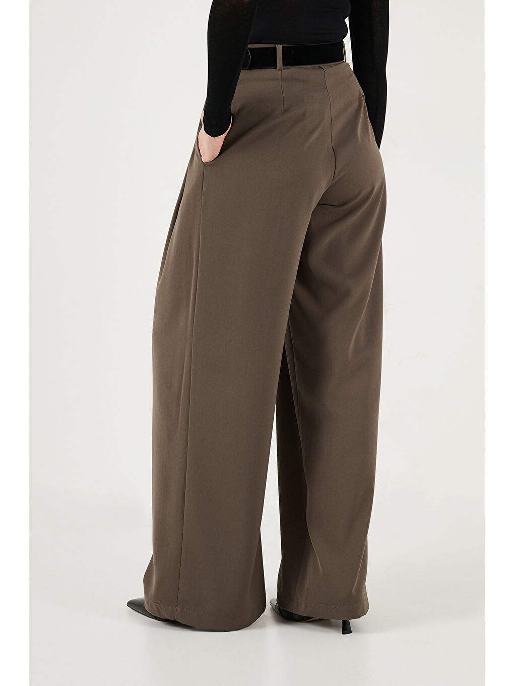 Haki Wide Leg Yüksek Bel Bol Paça Kemer Detaylı Kadın Pantolon 6923855-7