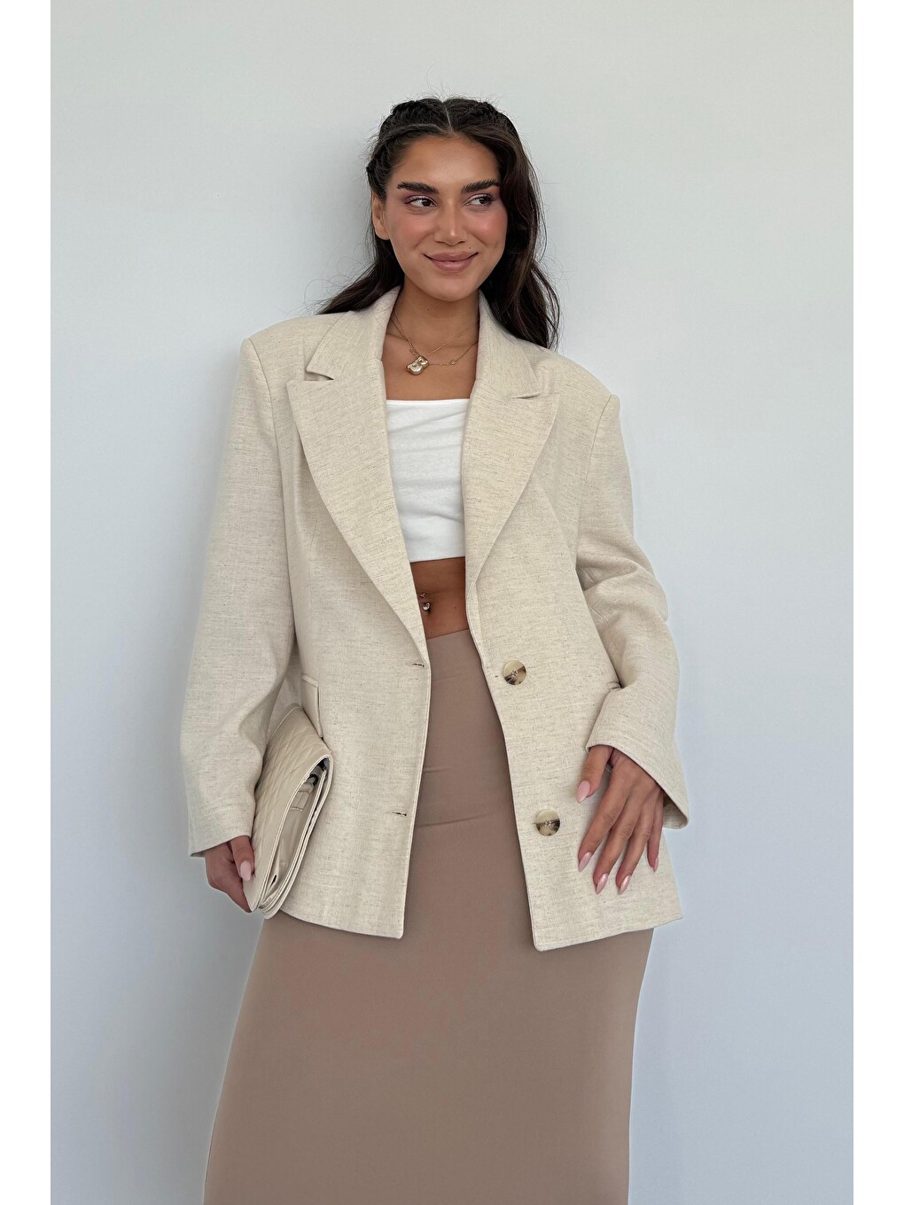 Bej Keten Blazer Kadın Ceket Mg2443-5