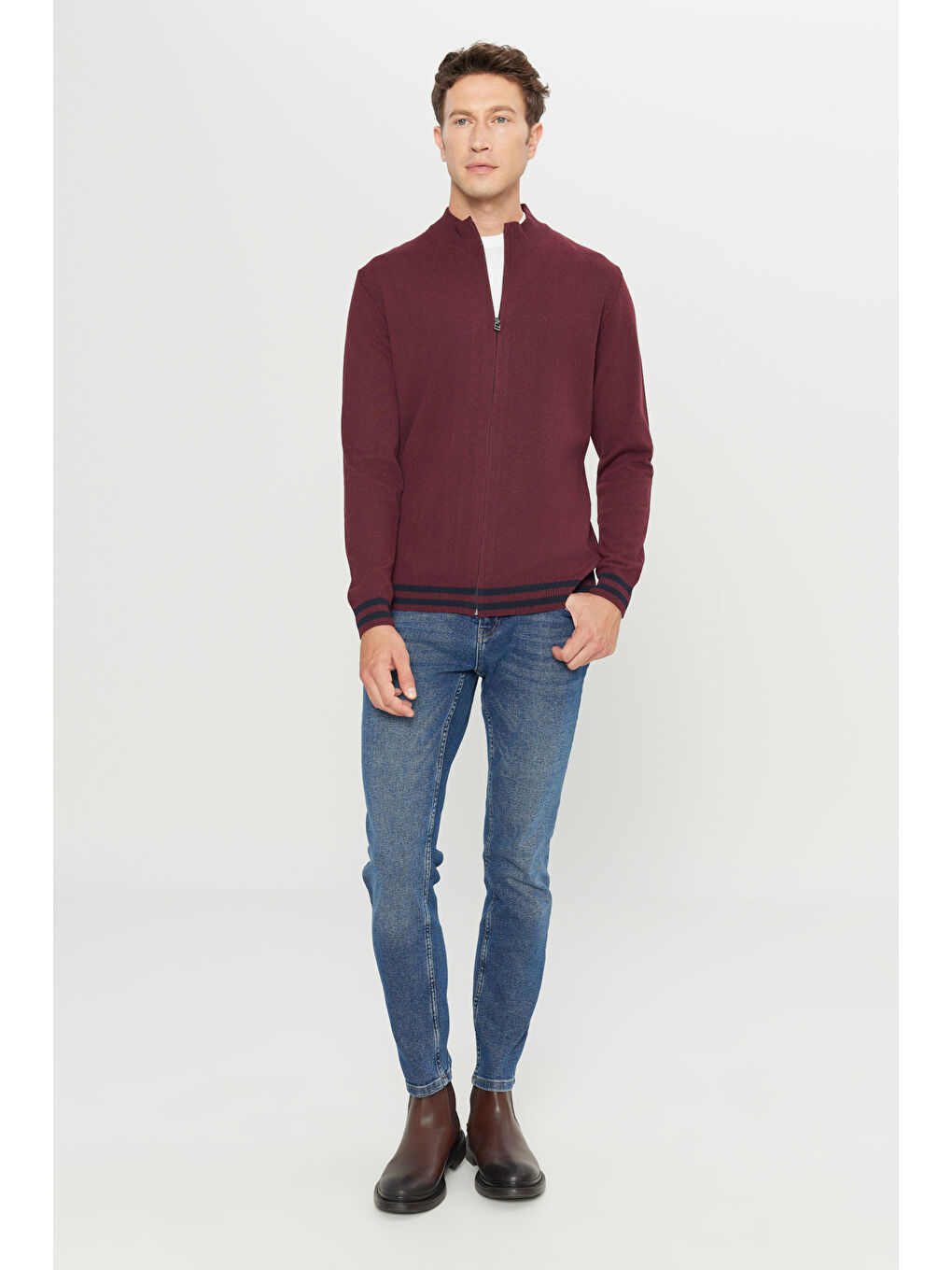 Erkek Bordo Pamuklu Standart Fit Normal Kesim Dik Yaka Triko Ceket-1