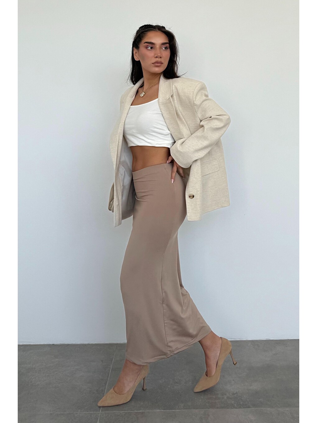 Bej Keten Blazer Kadın Ceket Mg2443-6