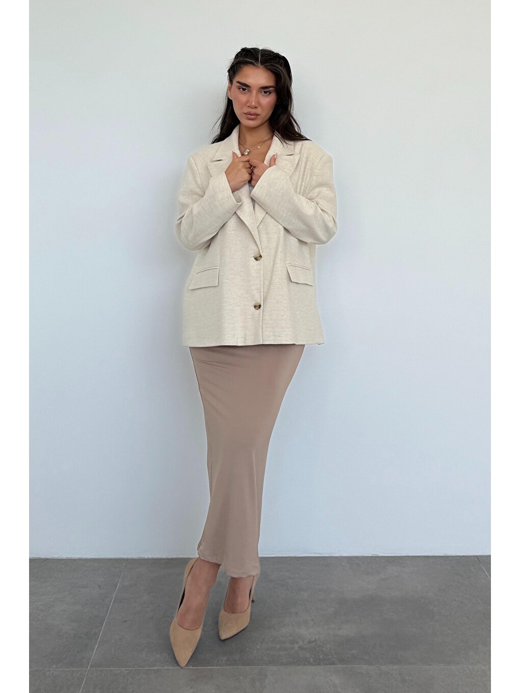 Bej Keten Blazer Kadın Ceket Mg2443-7