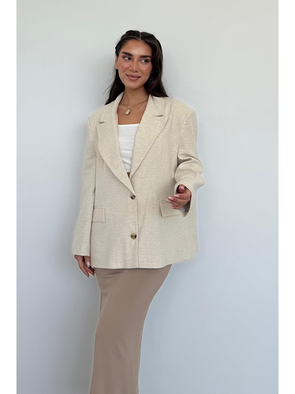 Bej Keten Blazer Kadın Ceket Mg2443-8