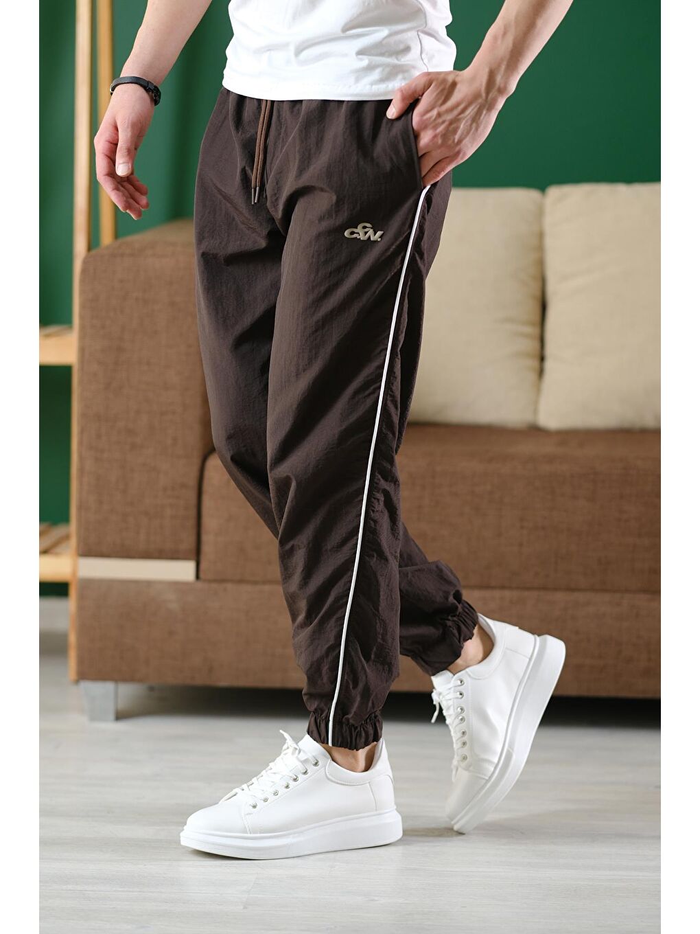 Kahverengi Ccw Paçası Lastikli Kort Paraşüt Şeritli Outdoor Erkek Eşofman Alt