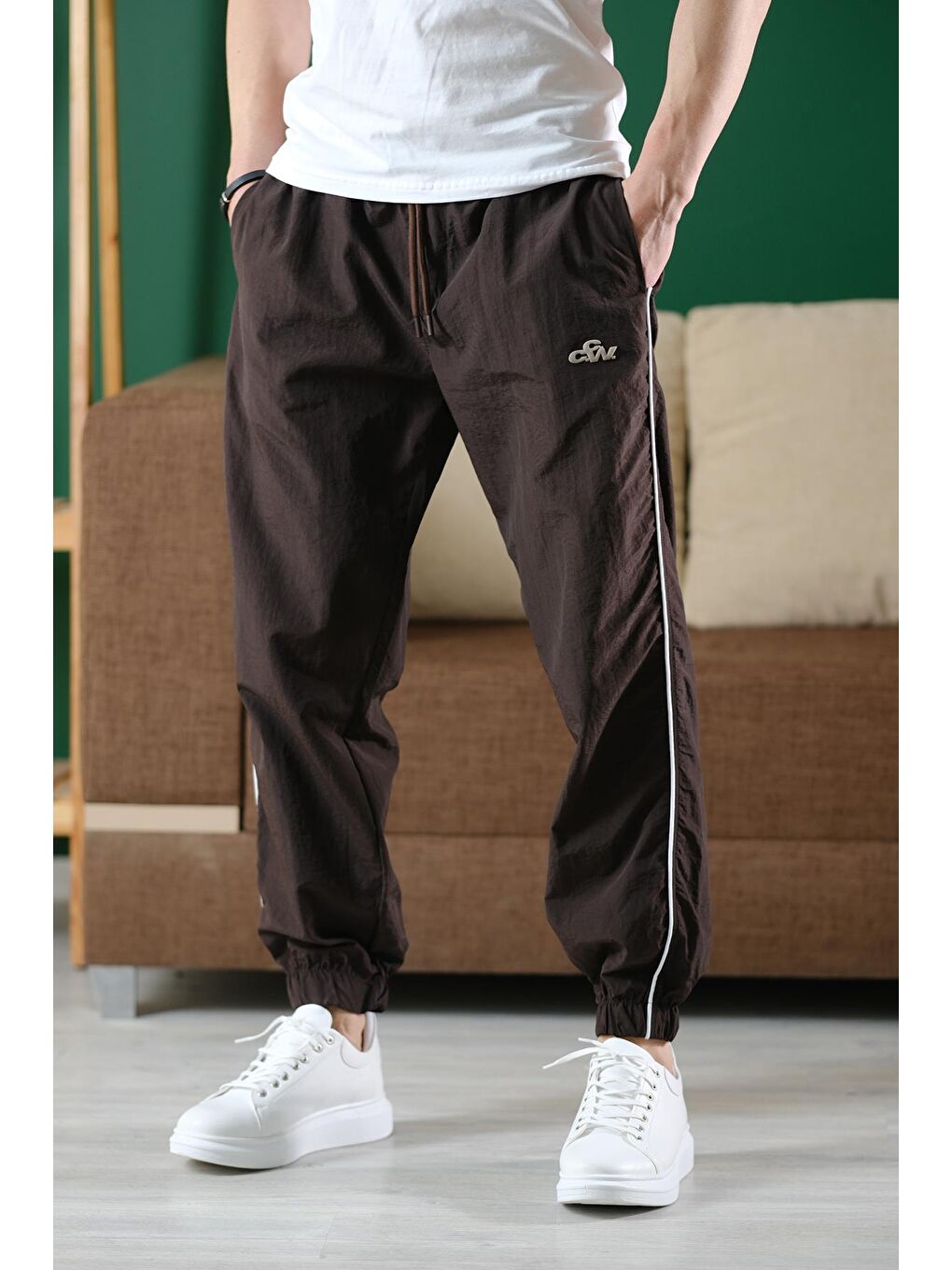 Kahverengi Ccw Paçası Lastikli Kort Paraşüt Şeritli Outdoor Erkek Eşofman Alt-1