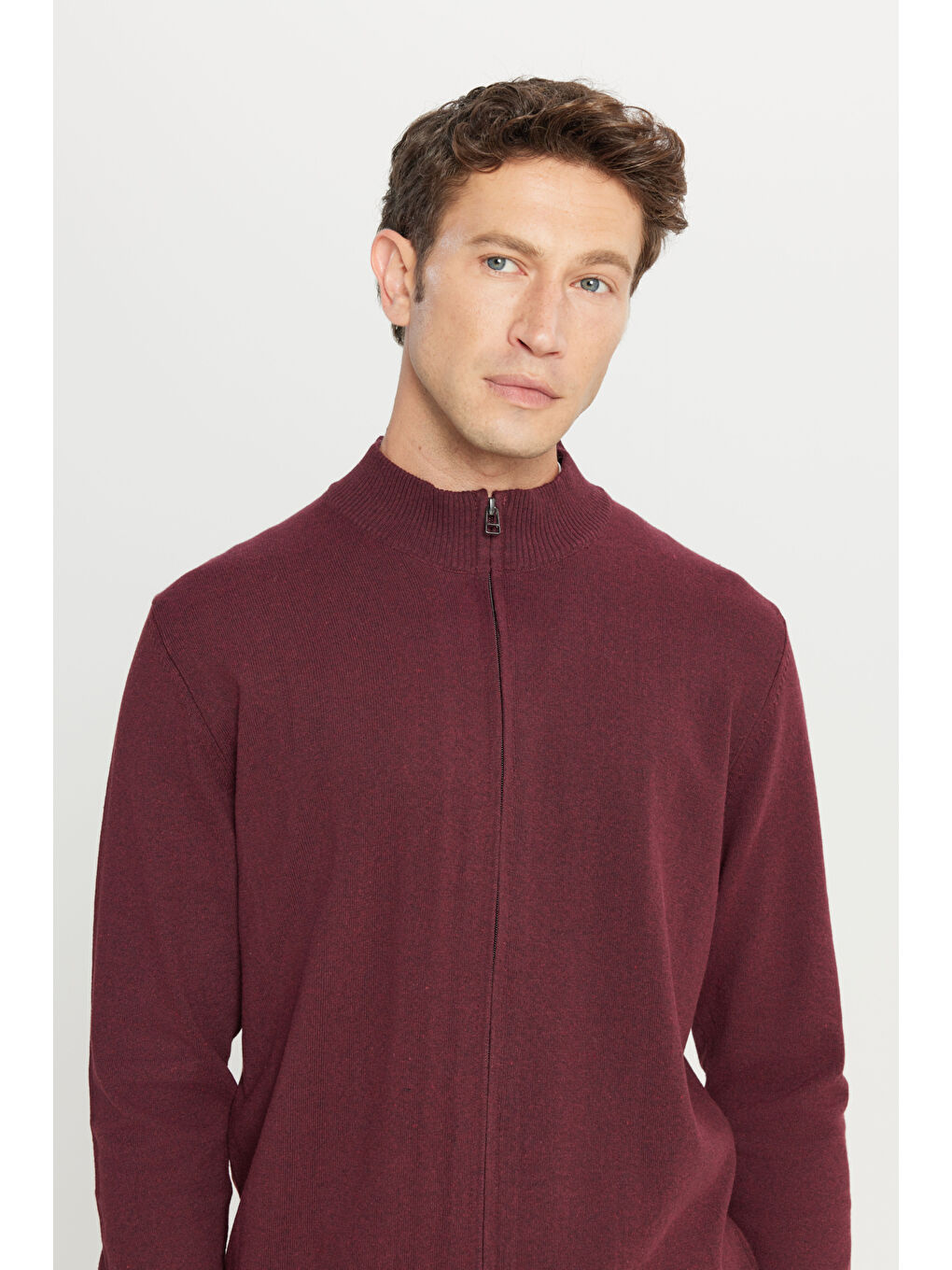 Erkek Bordo Pamuklu Standart Fit Normal Kesim Dik Yaka Triko Ceket-3