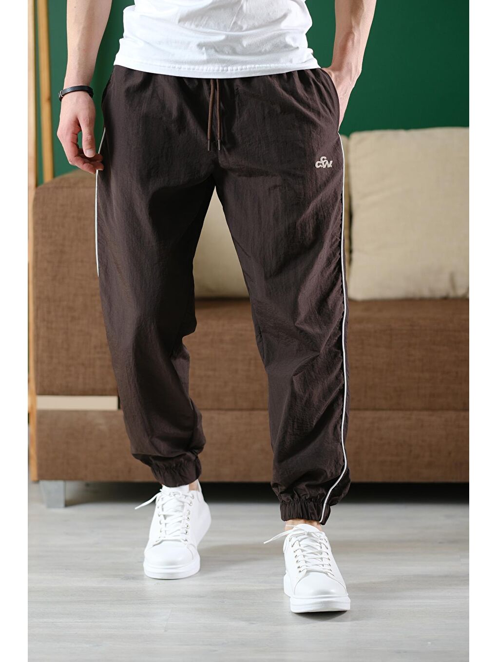 Kahverengi Ccw Paçası Lastikli Kort Paraşüt Şeritli Outdoor Erkek Eşofman Alt-2