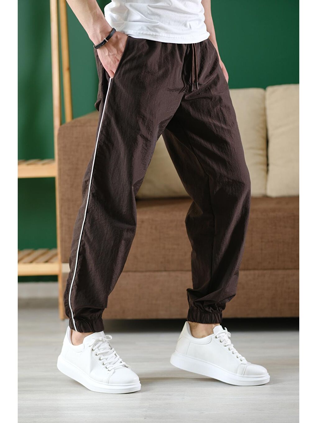 Kahverengi Ccw Paçası Lastikli Kort Paraşüt Şeritli Outdoor Erkek Eşofman Alt-3