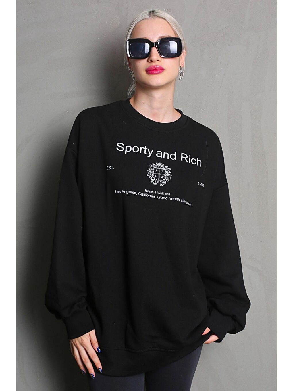 Siyah Bisiklet Yaka Baskılı Oversize Kadın Sweatshirt Mg1577-4