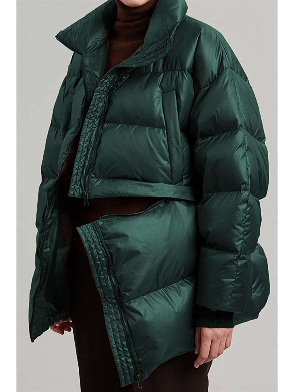 Koyu Yeşil Fermuar Detaylı Kısaltılabilir Şişme Mont MG1398