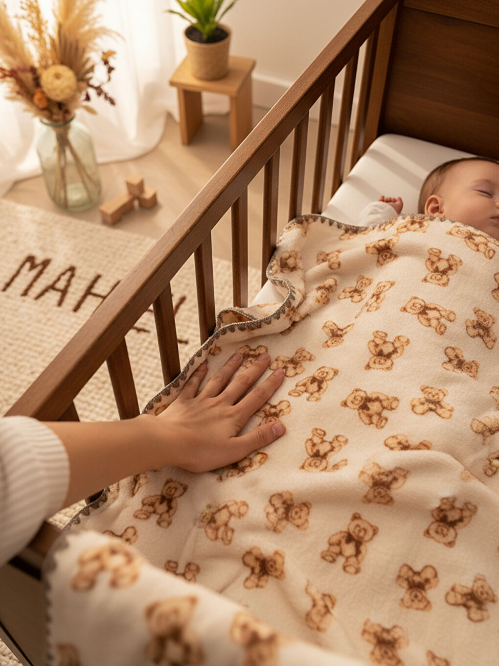 Ekru %100 Welsoft Ayıcık Baskılı Bebek Battaniyesi-3