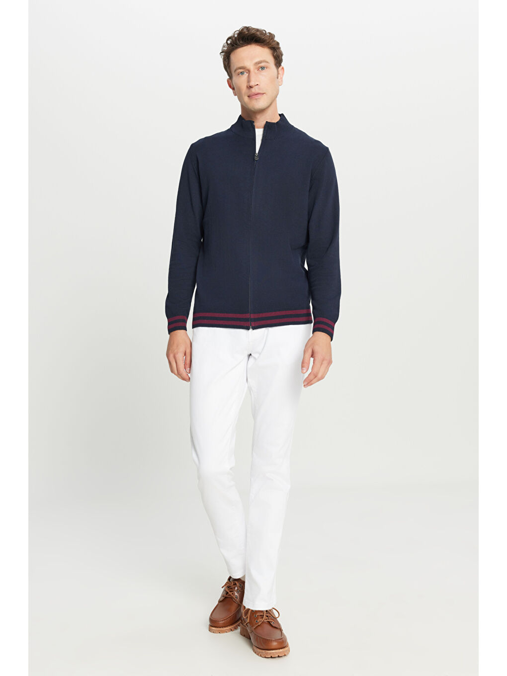 Erkek Lacivert Pamuklu Standart Fit Normal Kesim Dik Yaka Triko Ceket-1