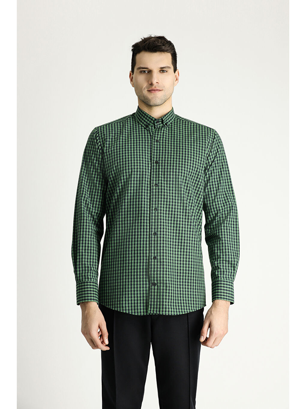 Yeşil Uzun Kol Regular Fit Oduncu Ekose Pamuklu Kolay Ütülenebilir Düğmeli Yaka Gömlek-2