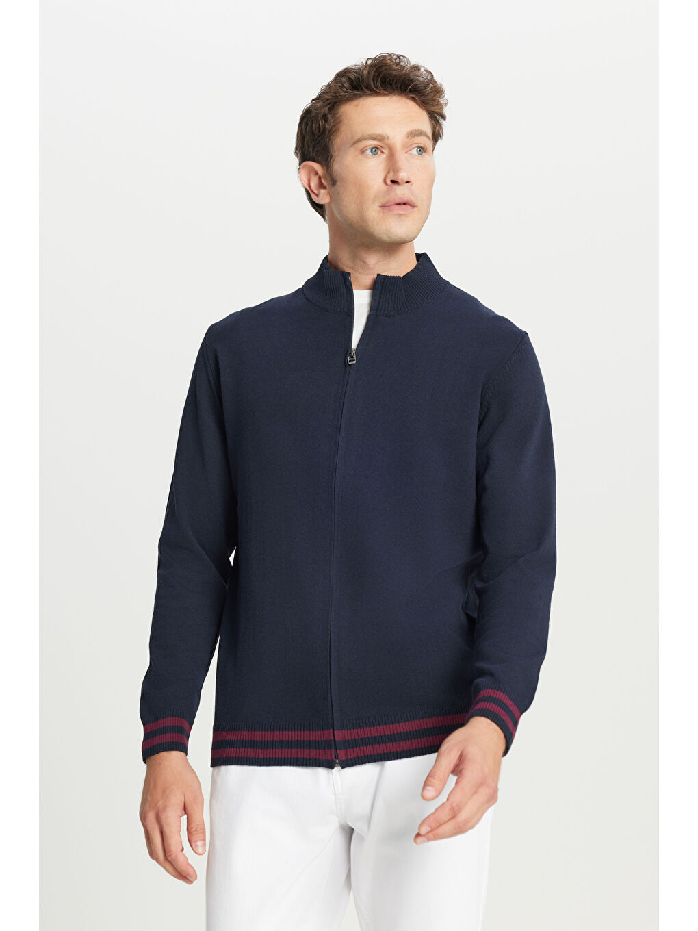 Erkek Lacivert Pamuklu Standart Fit Normal Kesim Dik Yaka Triko Ceket-2