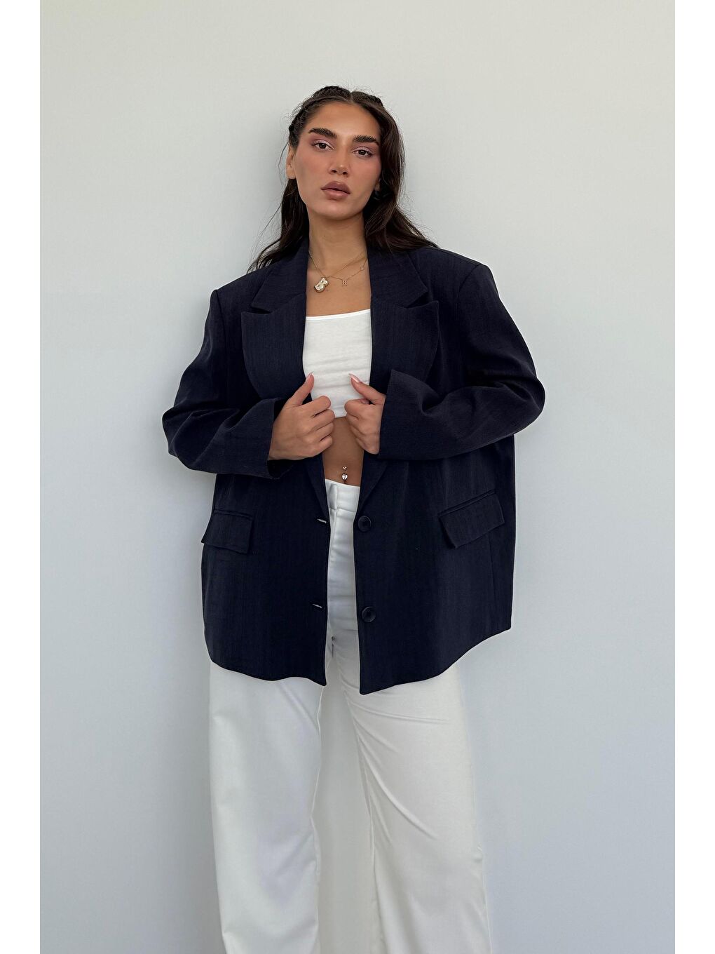 Lacivert Keten Blazer Kadın Ceket Mg2443-1