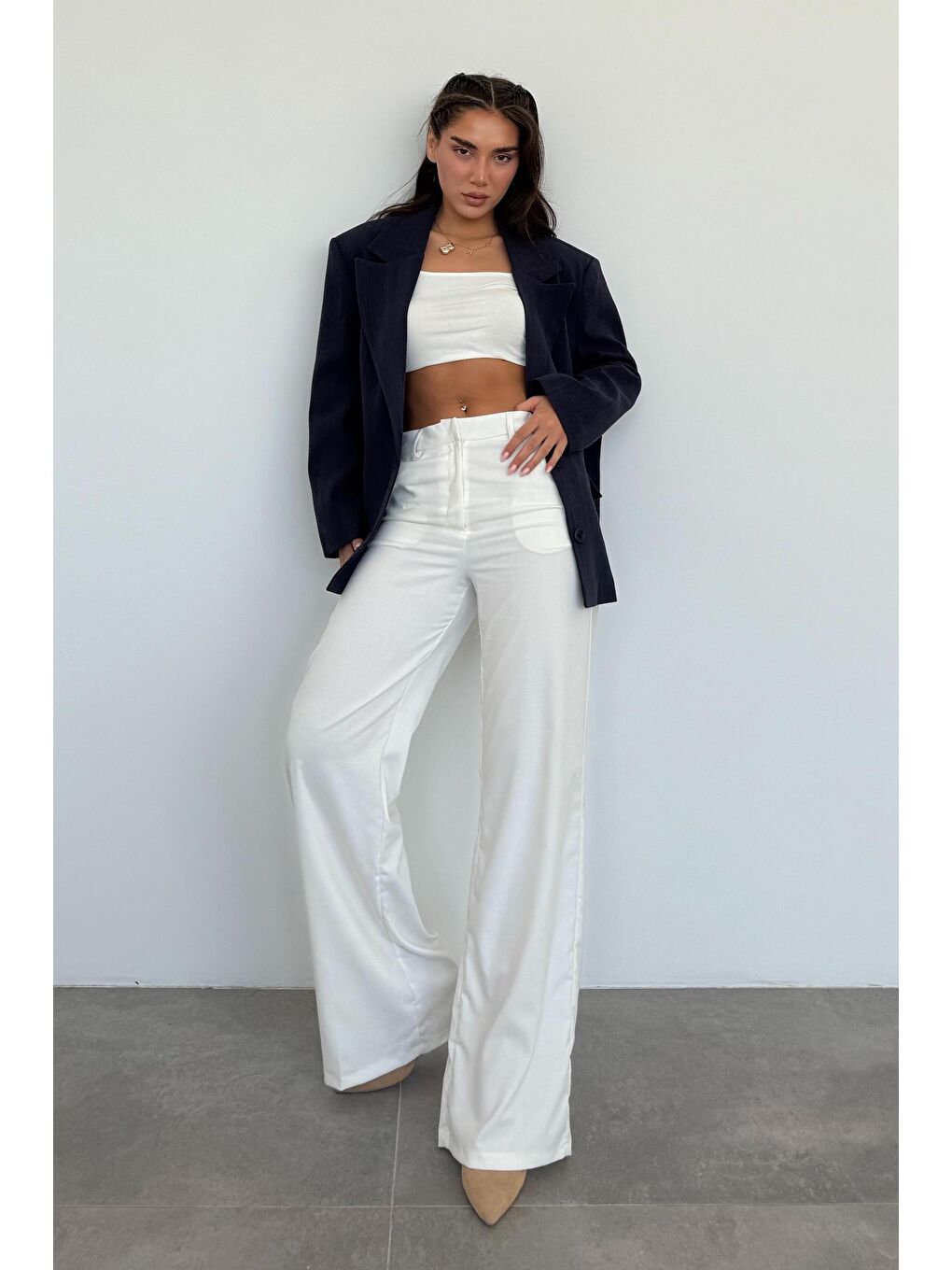 Lacivert Keten Blazer Kadın Ceket Mg2443-3