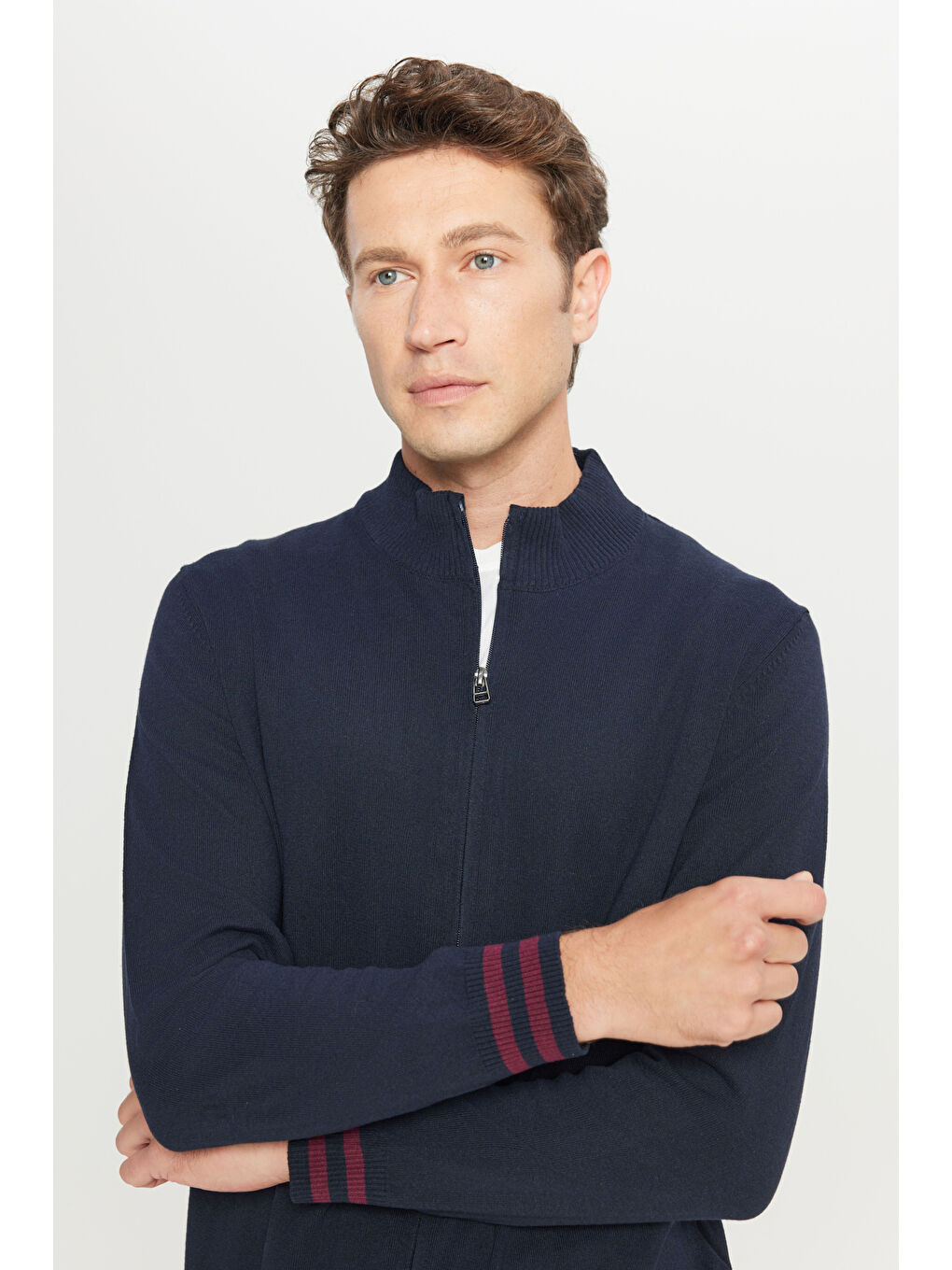 Erkek Lacivert Pamuklu Standart Fit Normal Kesim Dik Yaka Triko Ceket-3