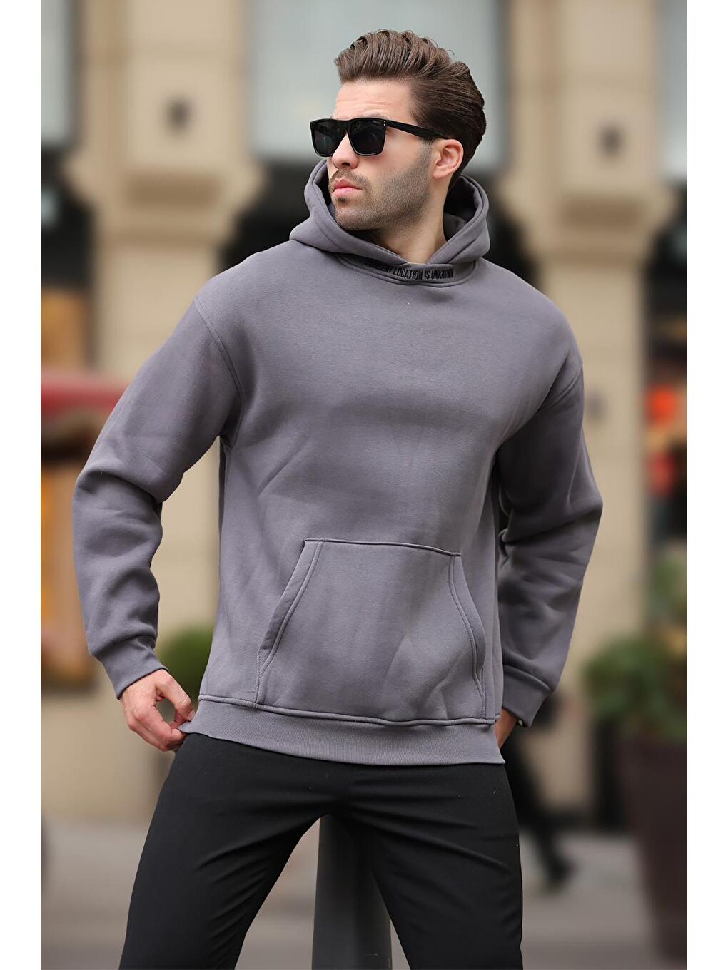 Gri Füme Kapüşonlu Nakış Detaylı Sweatshirt 7099