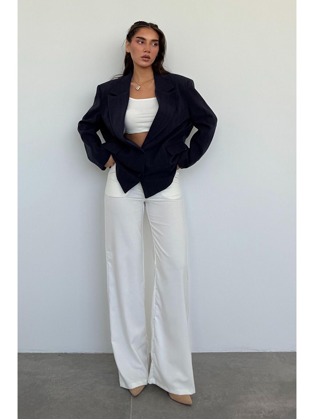 Lacivert Keten Blazer Kadın Ceket Mg2443-4