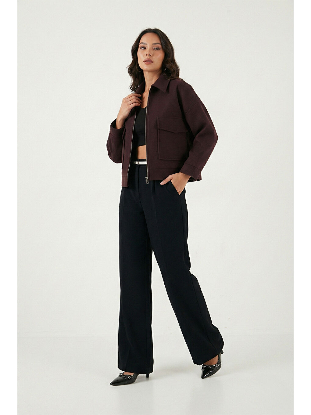 Mürdüm Regular Fit Klasik Yaka Astarlı Cep Detaylı Kadın Ceket 6927670-1