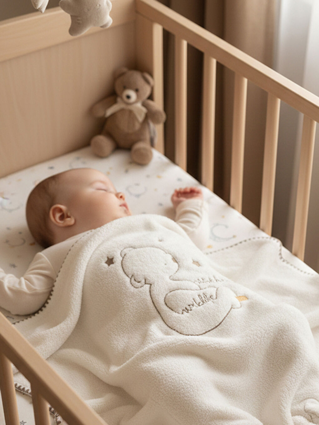 Ekru Welsoft Çift Katlı Oturan Ayı Nakışlı Bebek Battaniyesi-1