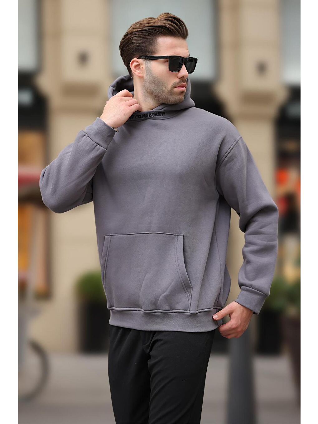 Gri Füme Kapüşonlu Nakış Detaylı Sweatshirt 7099-1