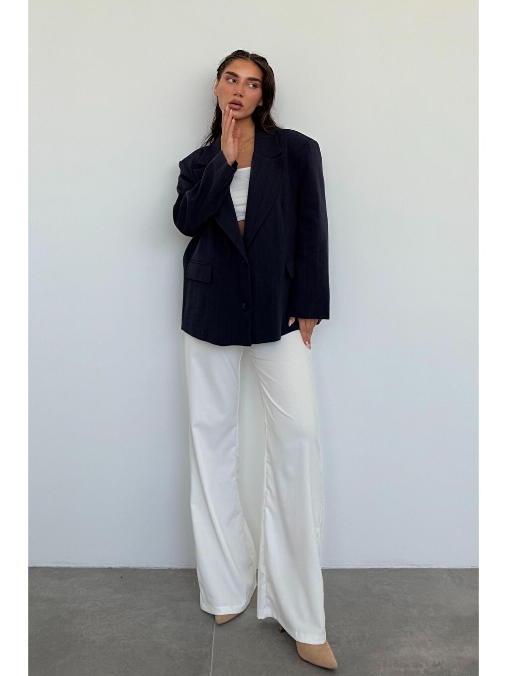 Lacivert Keten Blazer Kadın Ceket Mg2443-5