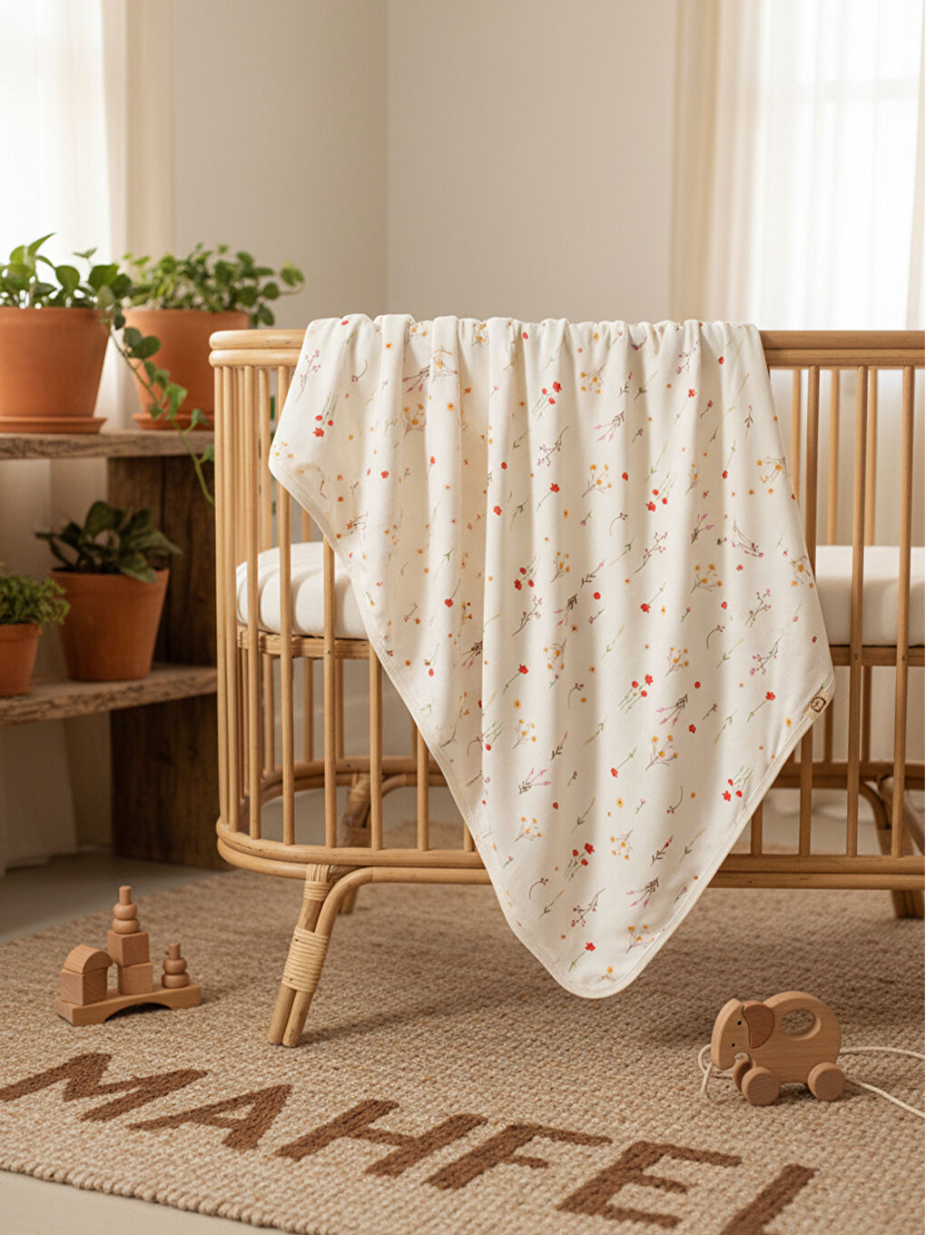 Ekru %100 Pamuklu Dallı Çiçek Baskılı Bebek Battaniyesi-3