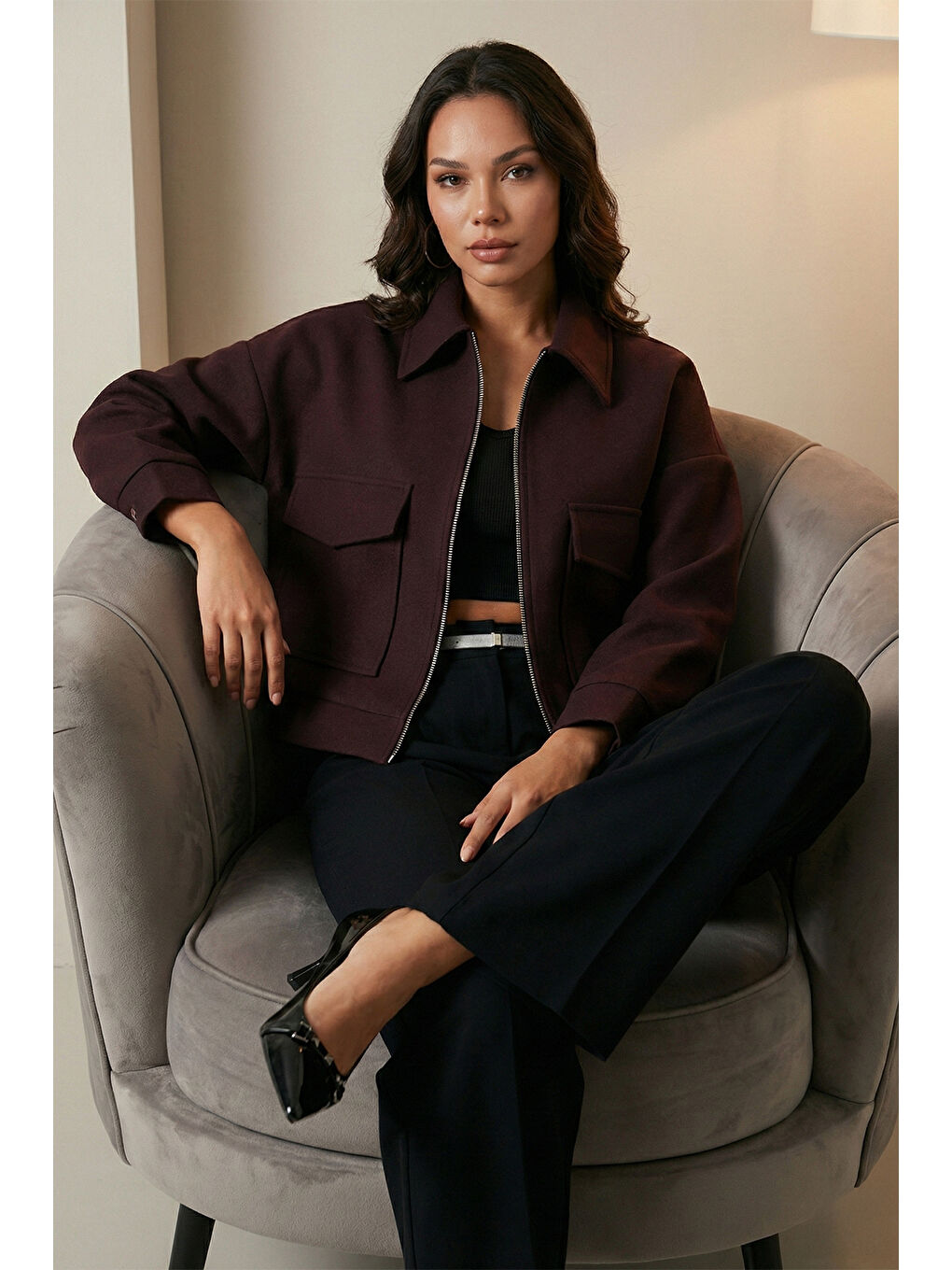 Mürdüm Regular Fit Klasik Yaka Astarlı Cep Detaylı Kadın Ceket 6927670-3