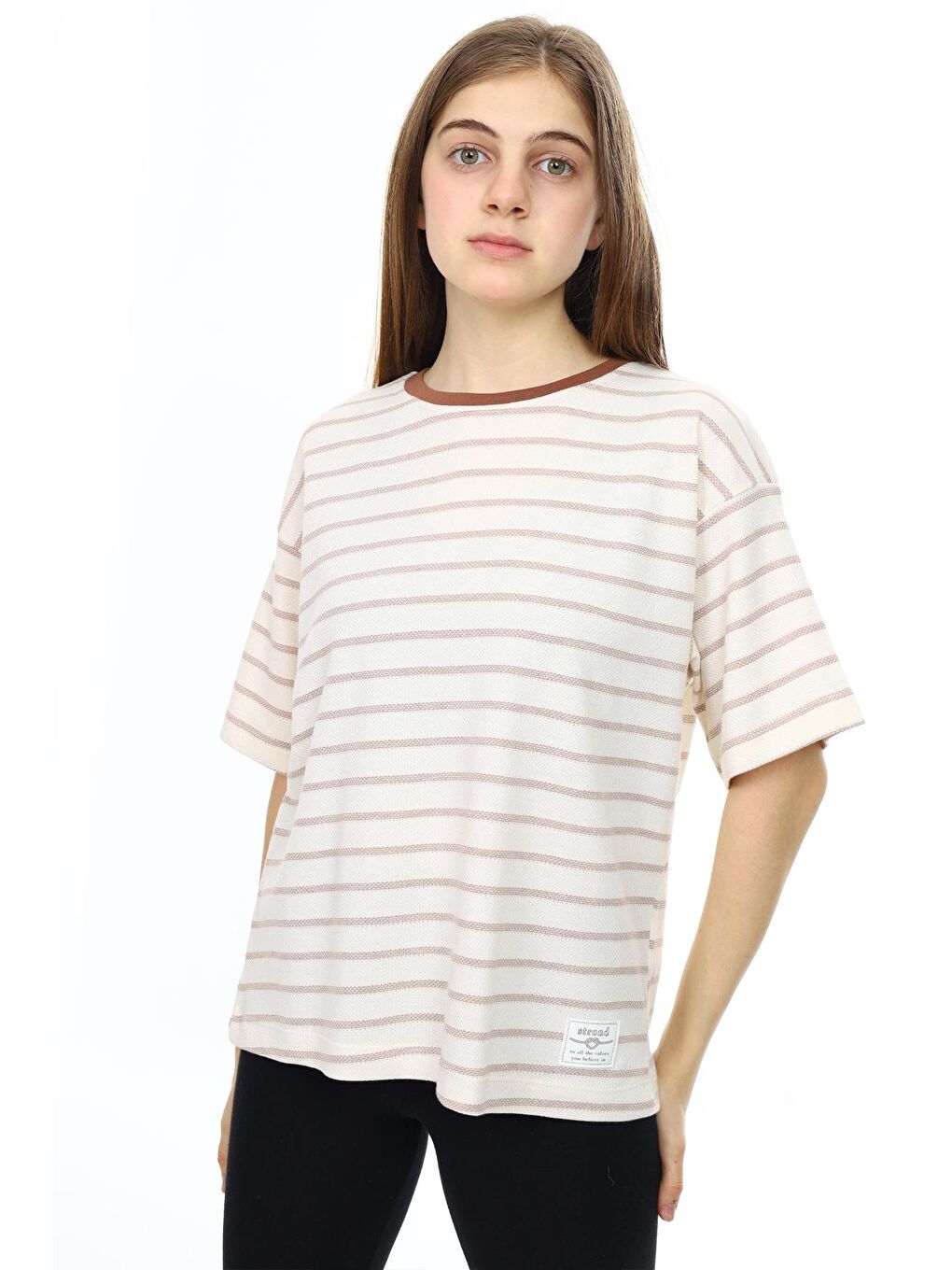 Ekru Krem Çizgili Bisiklet Yaka Kız Çocuk Kısa Kol T-shirt 18380-1