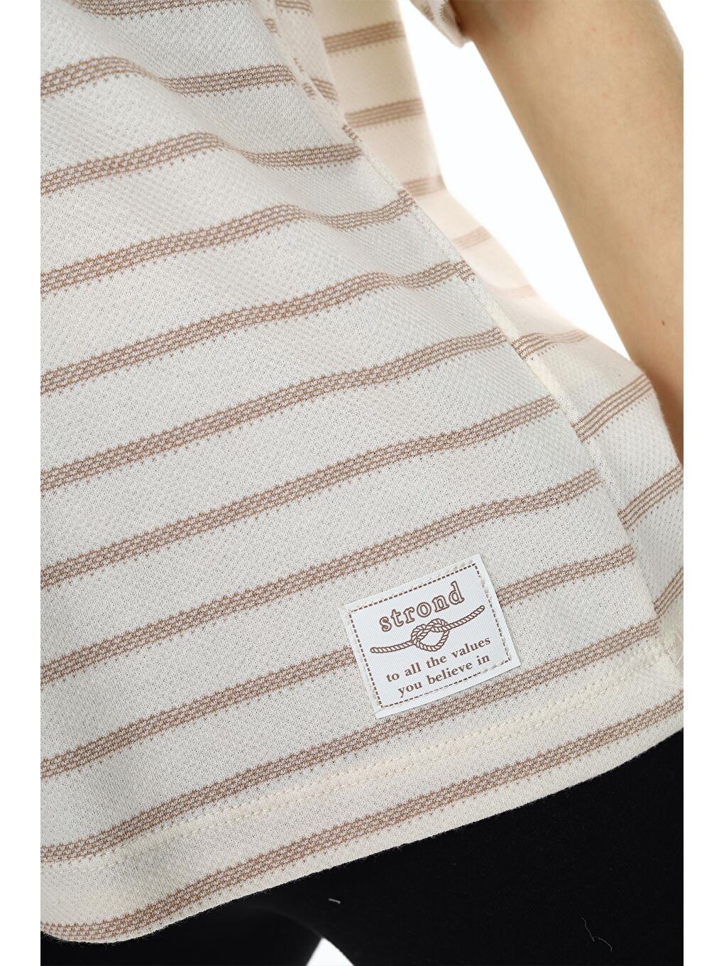 Ekru Krem Çizgili Bisiklet Yaka Kız Çocuk Kısa Kol T-shirt 18380-3