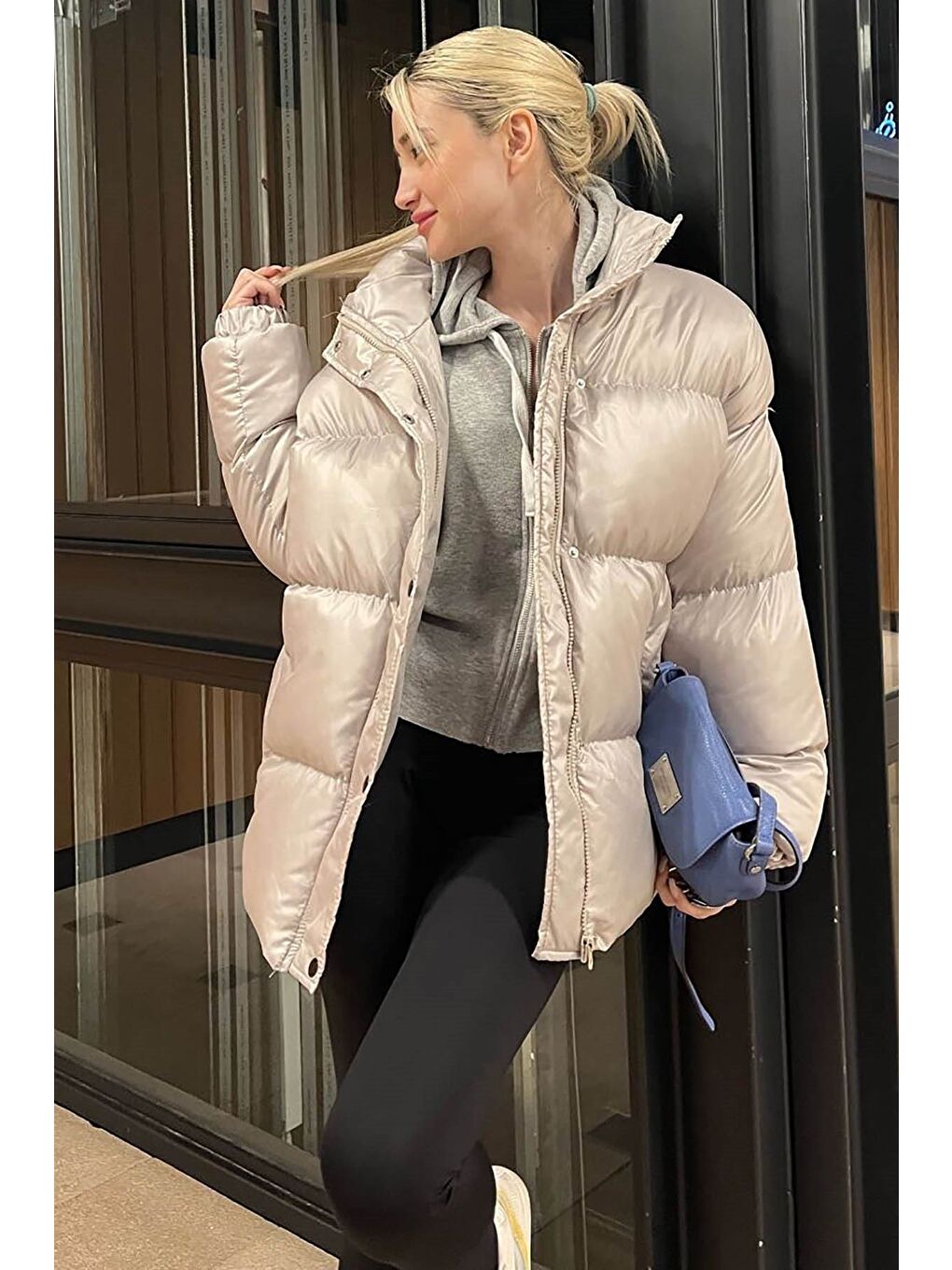 Gri Basic Oversize Kadın Şişme Mont Mg1582-5