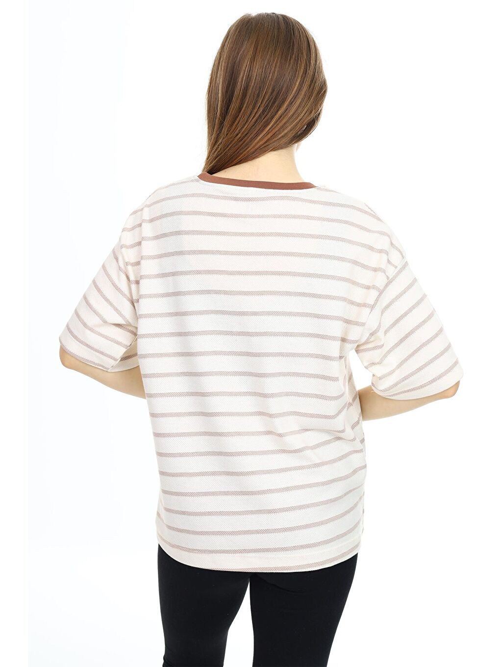 Ekru Krem Çizgili Bisiklet Yaka Kız Çocuk Kısa Kol T-shirt 18380-4