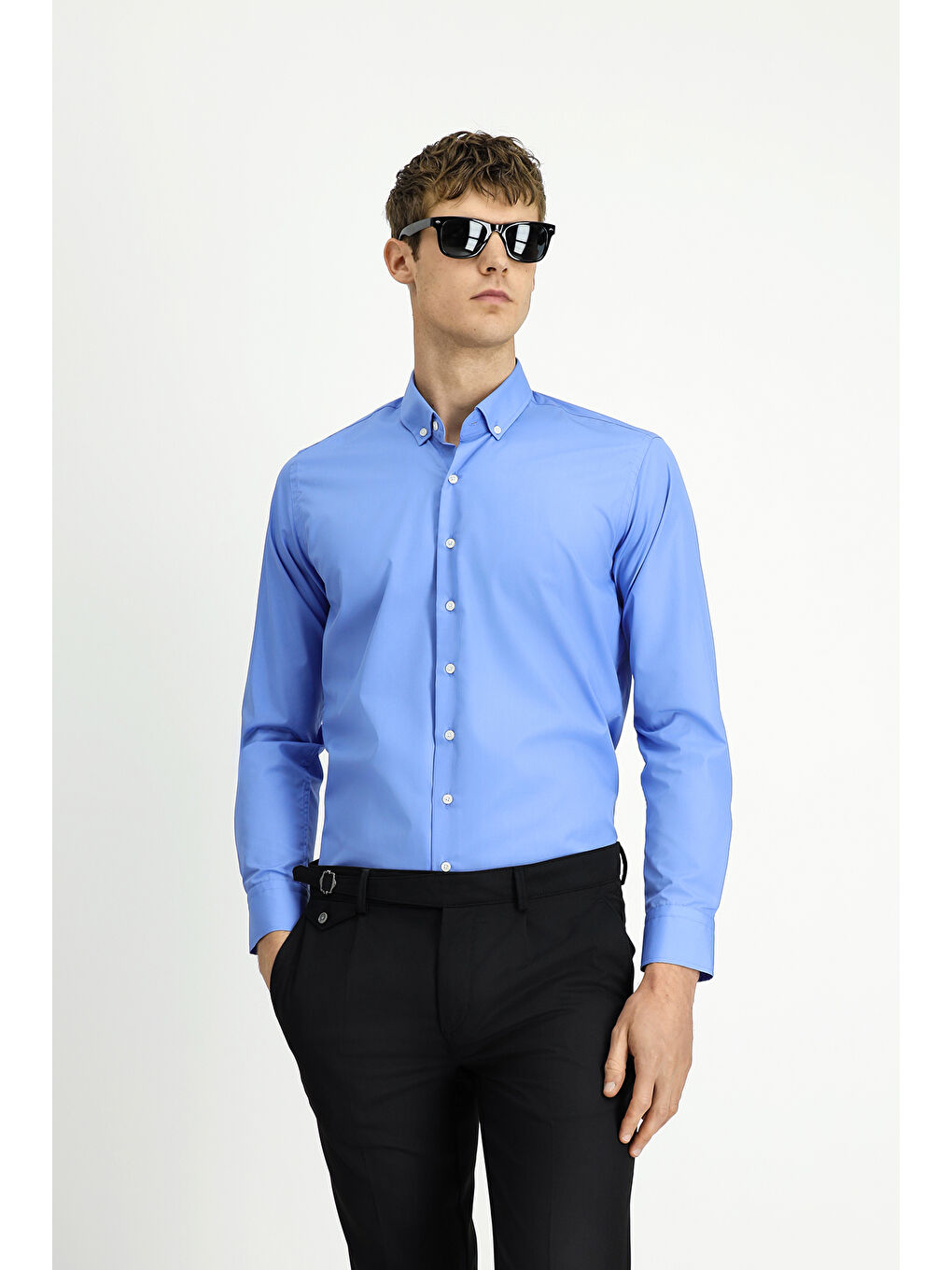 Mavi Uzun Kol Slim Fit Dar Kesim Non Iron Ütü Gerektirmeyen Pamuklu Düğmeli Yaka Büyük Beden Gömlek