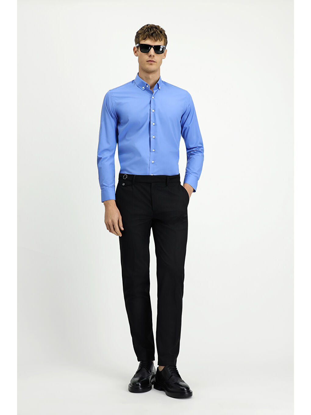 Mavi Uzun Kol Slim Fit Dar Kesim Non Iron Ütü Gerektirmeyen Pamuklu Düğmeli Yaka Büyük Beden Gömlek-1