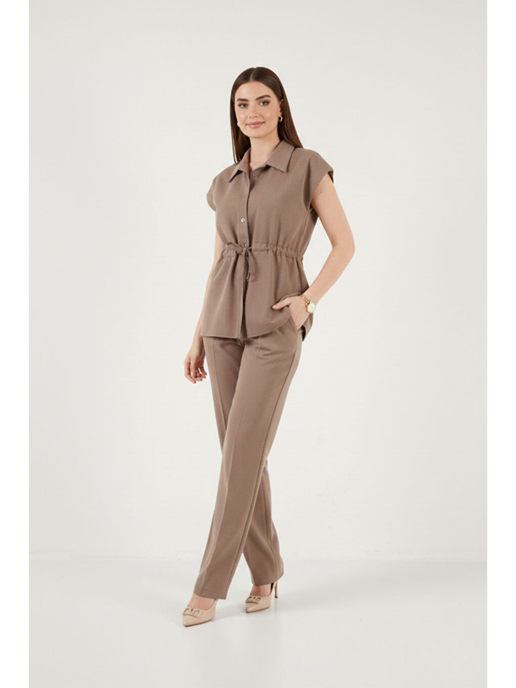 Haki Regular Fit Beli Büzgülü Kısa Kollu Kadın Takım 6928870-5