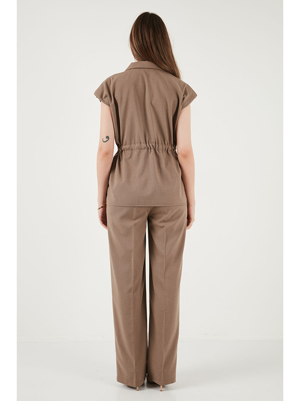 Haki Regular Fit Beli Büzgülü Kısa Kollu Kadın Takım 6928870-6