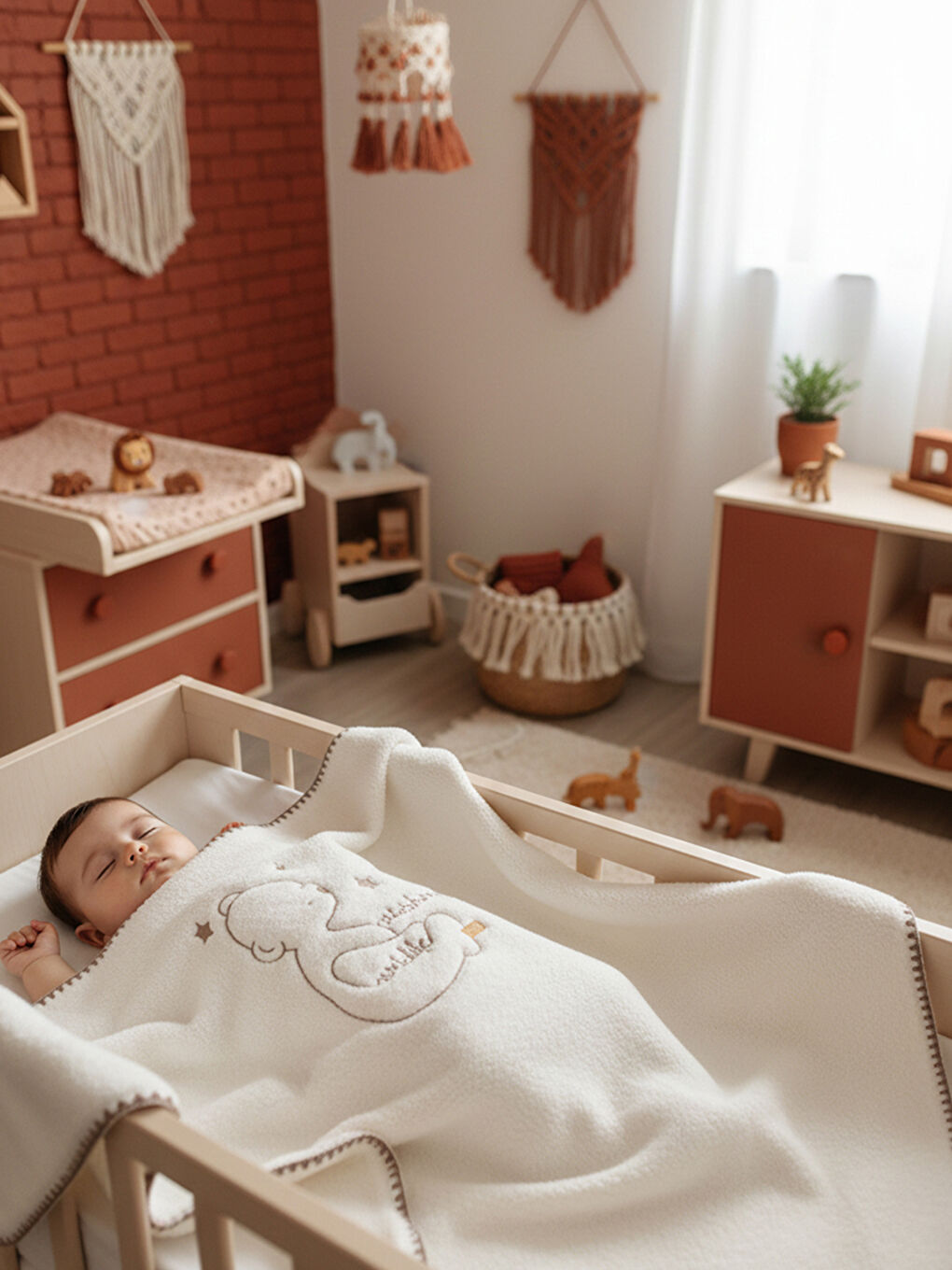 Ekru Welsoft Çift Katlı Oturan Ayı Nakışlı Bebek Battaniyesi-4