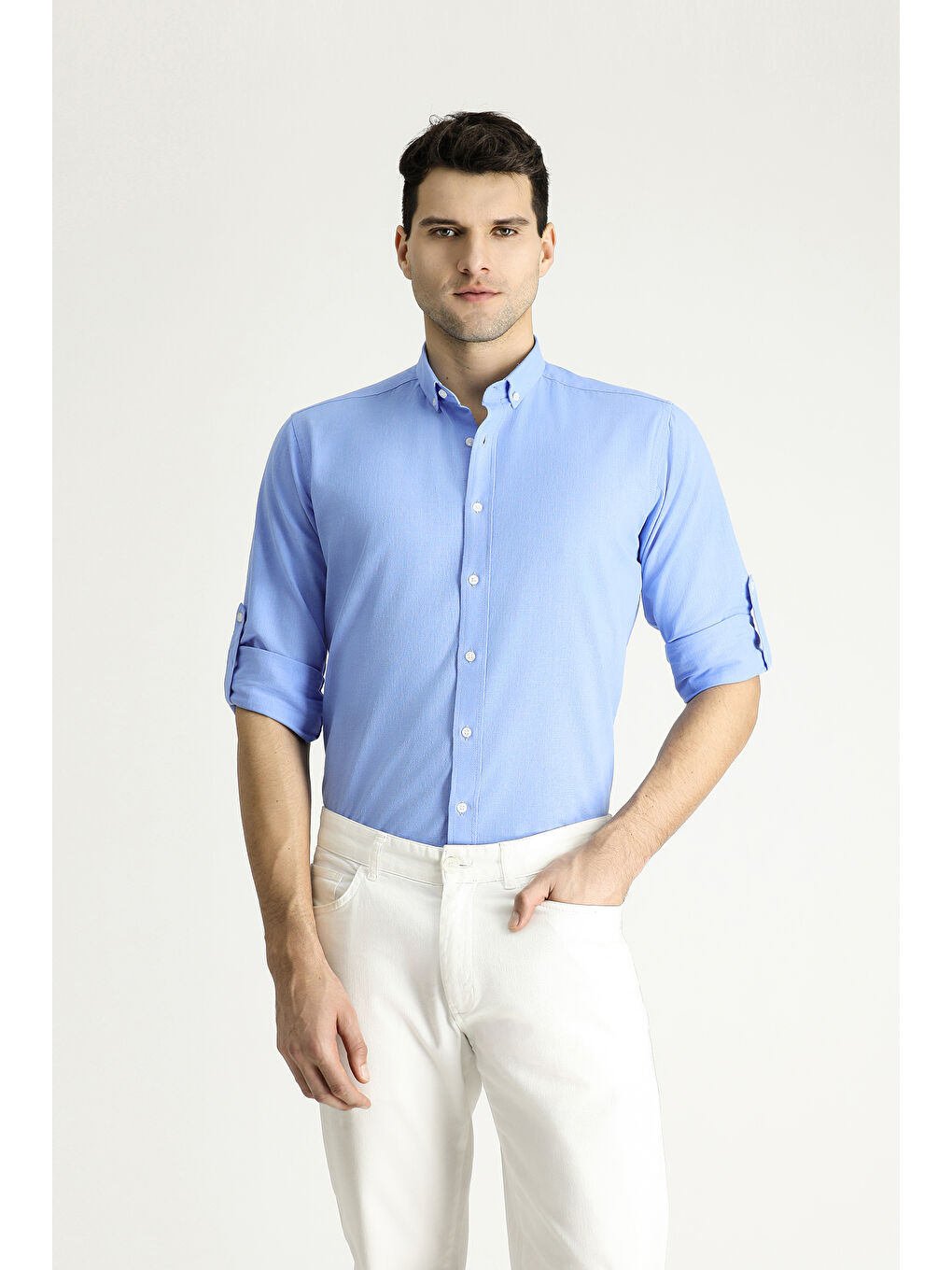 Mavi Uzun Kol Relax Fit Rahat Kesim Keten Görünümlü Pamuk Düğmeli Yaka %100 Pamuk Gömlek-1