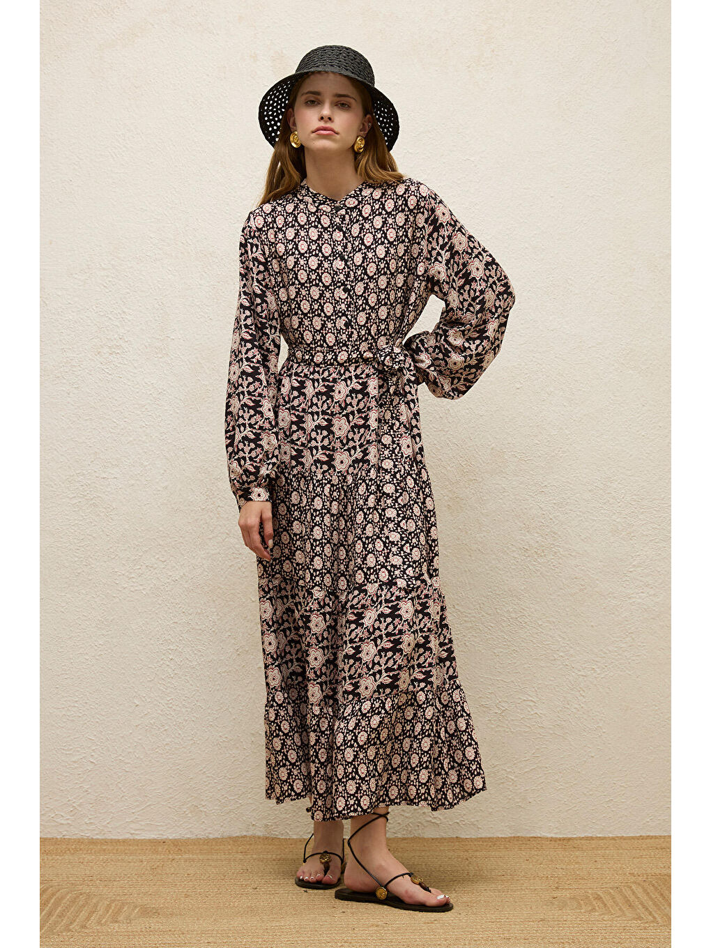 Kahverengi Desenli Katlı Viskon Elbise Gaıa-5
