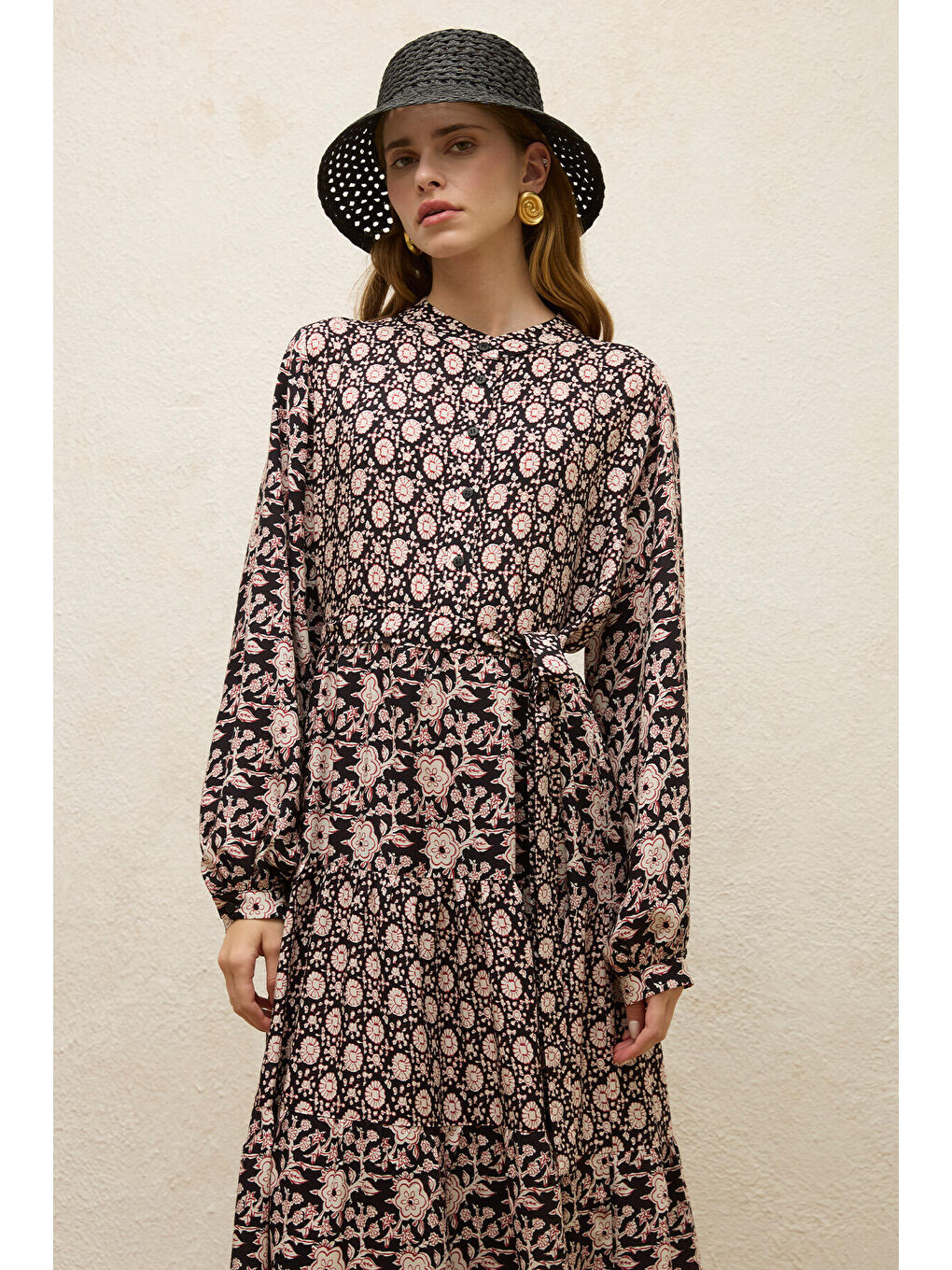 Kahverengi Desenli Katlı Viskon Elbise Gaıa-6