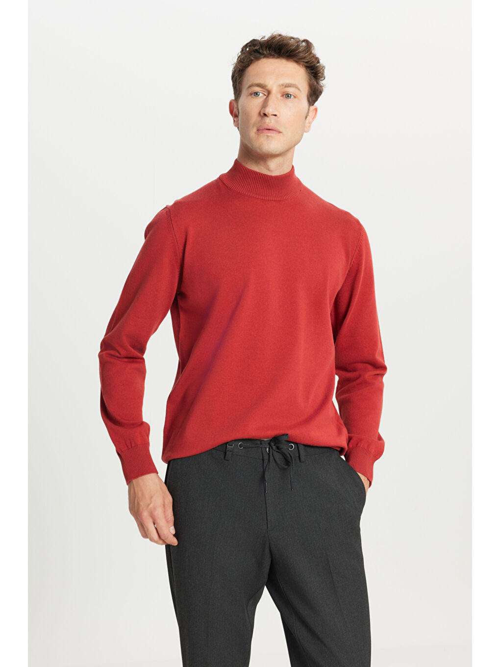 Kahverengi Erkek Kiremit Pamuklu Standart Fit Normal Kesim Yarım Balıkçı Yaka Triko Kazak-2