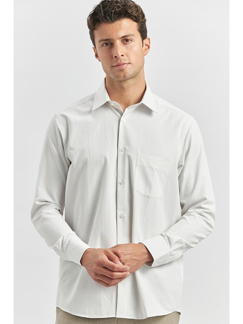 Bej Uzun Kol Çizgili Desen Bez Ayağı 041 Sert Yaka Classic Comfort Fit Gömlek 1004240263