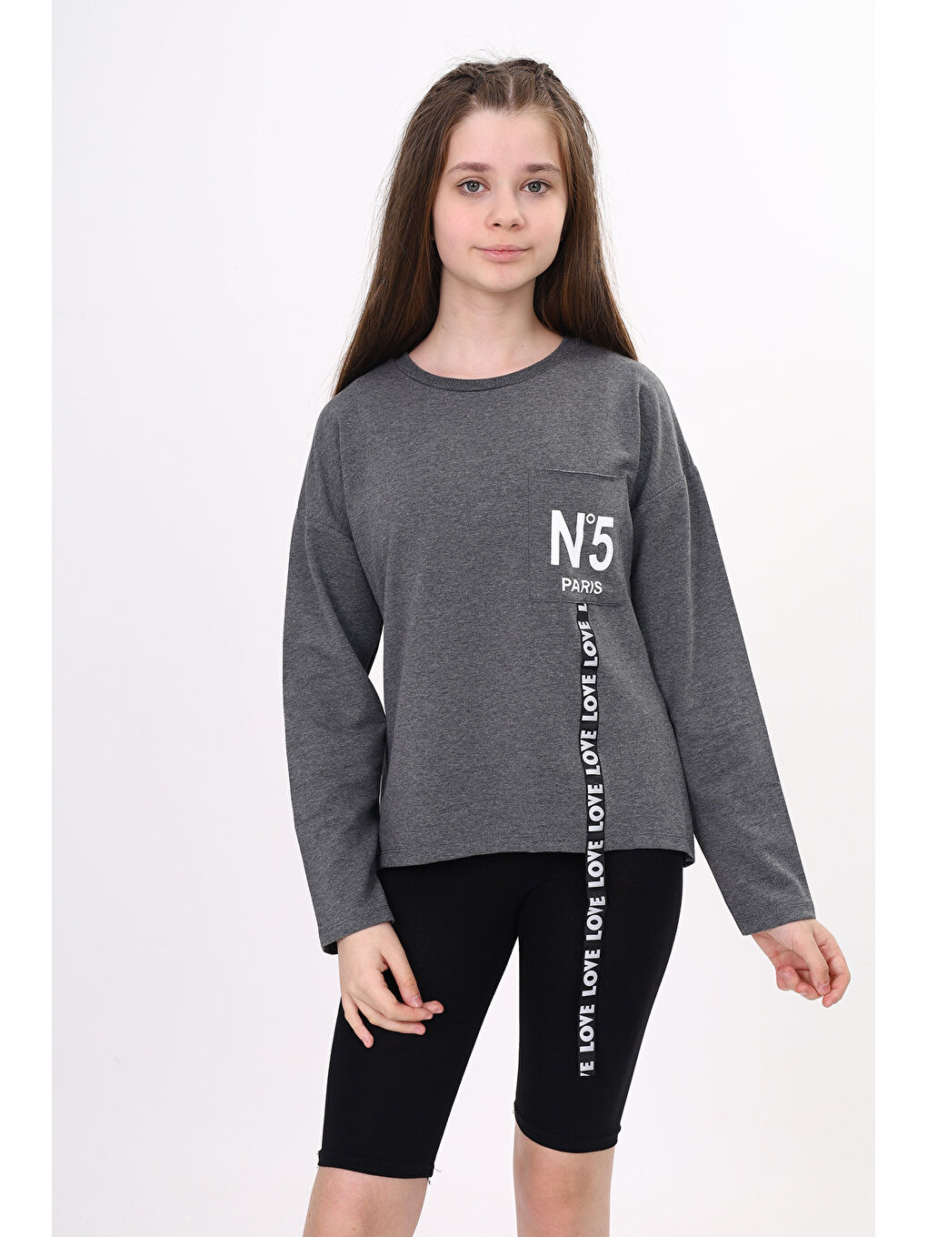 Toontoykids Antrasit Kız Çocuk Cep Üstü Baskılı Sweatshirt